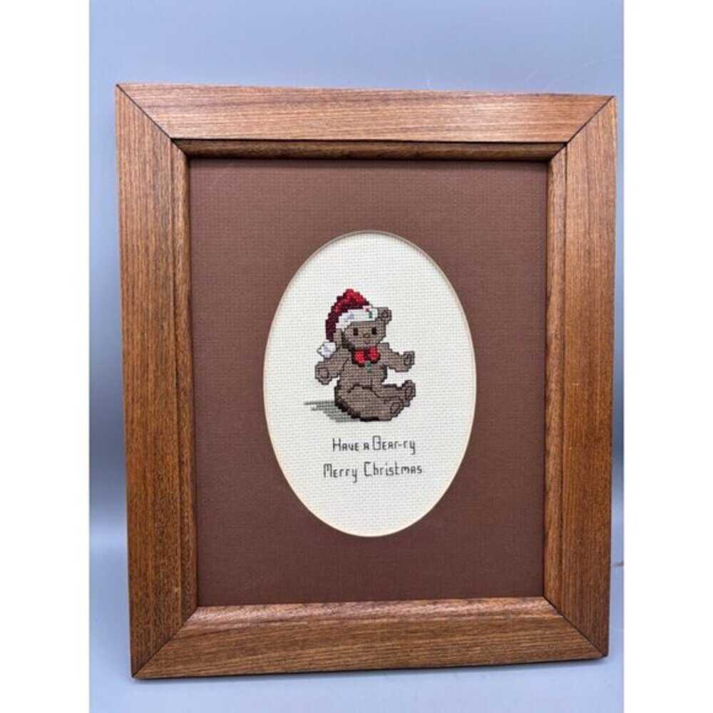 Vtg Handmade Cross Stitch Have a Beary Christmas Framed‎ Art